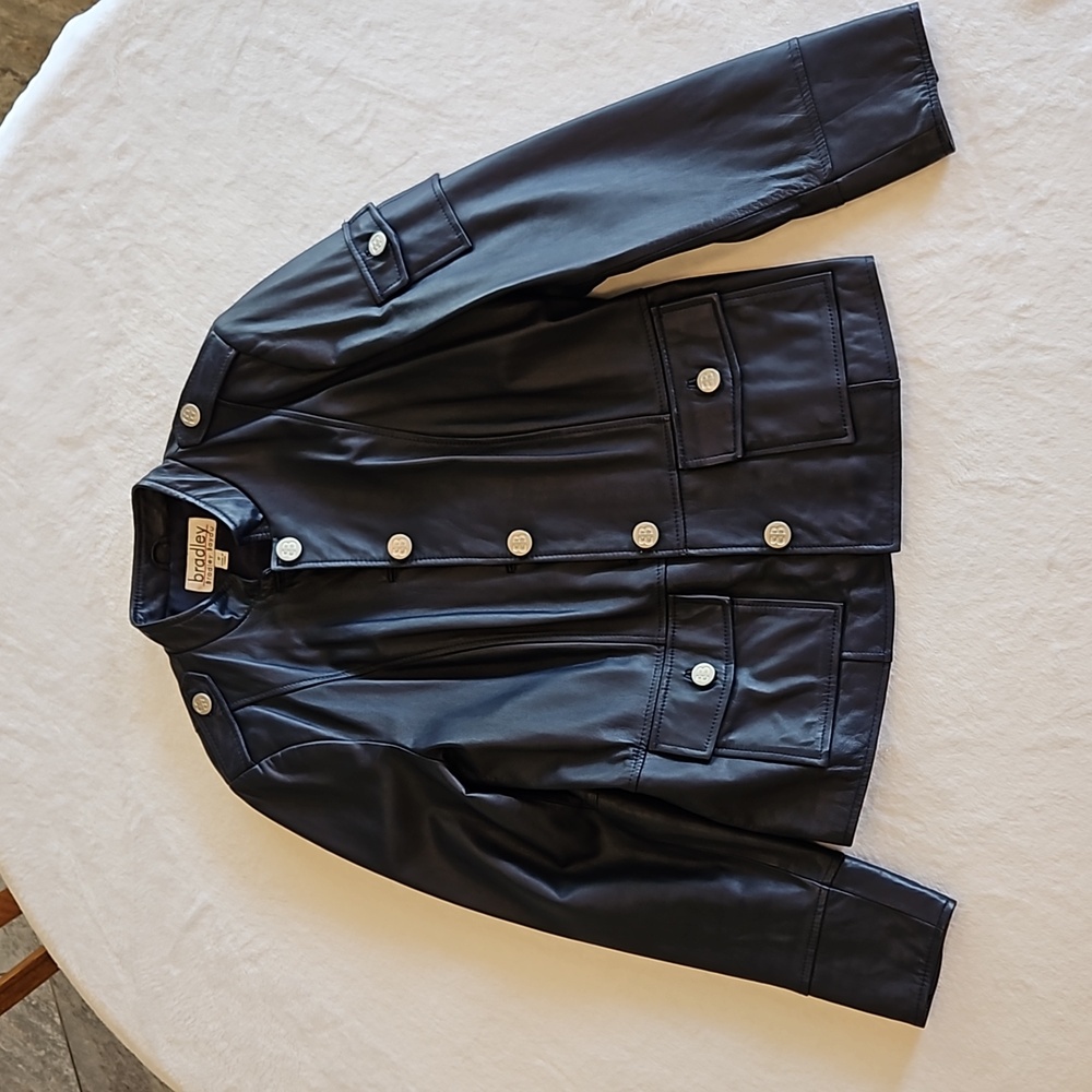 Womens genuine navy leather military style jacket